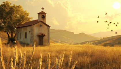 Fototapeta premium Serene countryside church basking in golden sunlight surrounded by a field of wheat, evoking calm and solitude