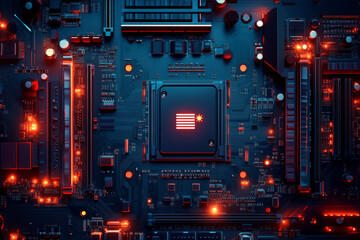 Top-down view of a motherboard with a prominent GPU