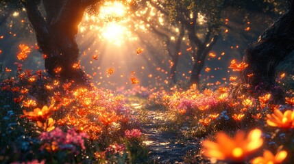 A serene forest pathway illuminated by sunlight and blooming flowers.