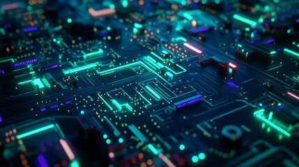 Abstract Neon Circuit Board Background with Glowing Lights