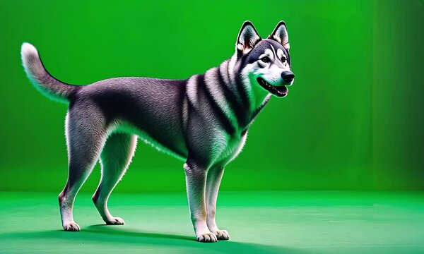 Siberian husky dog standing against green background with ai generated.
