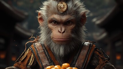 A majestic anthropomorphic monkey character holding a bowl of oranges, adorned in detailed armor with a mystical ambiance, This image can enhance creative projects, storytelling