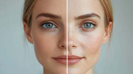 The two faces are of a woman with a slight difference in their skin tone. The left face has a slightly darker skin tone, while the right face has a lighter skin tone