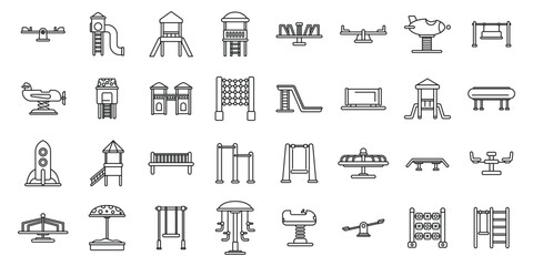 Kindergarten outdoor recreation area icons set. Line art icon set featuring various playground equipment for outdoor fun and recreation