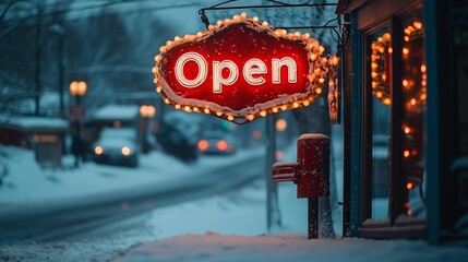A warmly lit &ldquo;Open&rdquo; sign glows brightly against a snowy backdrop, inviting visitors into a cozy shop on a cold winter evening.
