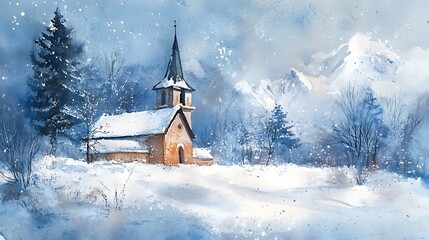 A serene winter landscape featuring a quaint church surrounded by snow-covered trees and mountains.