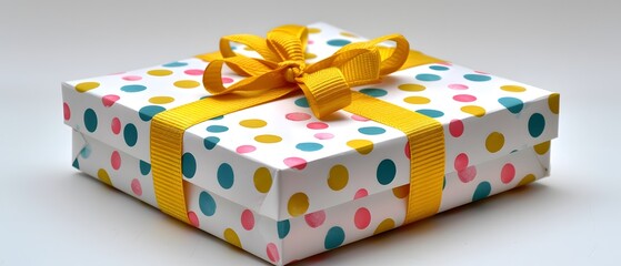 Polka dot gift box with yellow ribbon.