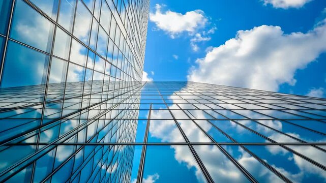 Reflections of clouds on modern skyscraper glass against a bright blue sky in an urban setting