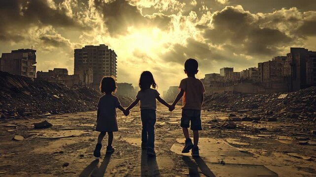 Three children walking hand in hand through a devastated urban landscape at sunset