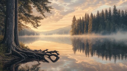 Serene Sunrise Reflection Over Calm Lake with Pine Trees