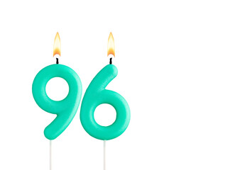 Green birthday candle on white background - Candle number 96