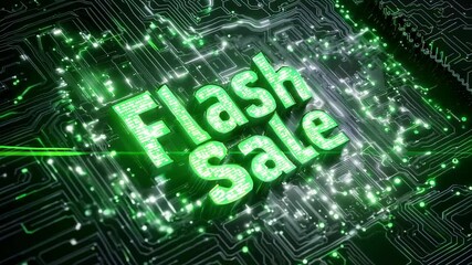 Flash Sale Text on Animated Green Circuit Board Background - Powered by Adobe