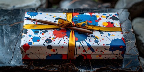 Creative art gift box with paint splatter.