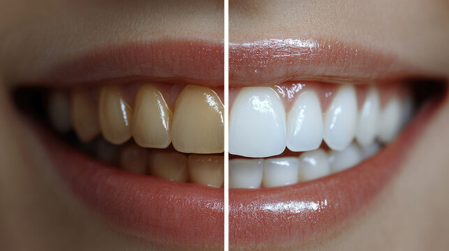 A woman's teeth, one of which is clean and the other is stained. The clean teeth are white and shiny, while the stained teeth are yellow and dull