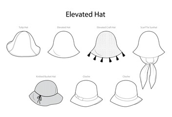 Set of Elevated Hats with names - Tulip, Craft, Cloche Head Fashion accessory cap clothing technical illustration. Vector headgear for Men, women, unisex style, flat template CAD mockup sketch outline