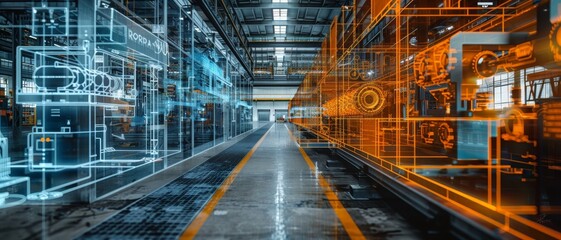 A futuristic industrial space showcasing digital blueprints and machinery, highlighting technological advancements in manufacturing.