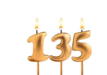 Birthday number 135 - Golden candle on white background