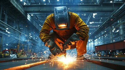 A welder in protective gear works on metal, creating sparks in an industrial setting.