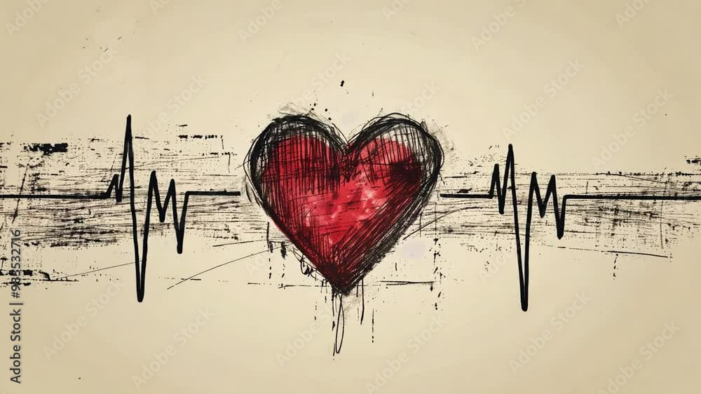 Poster a red heart is sketched against a textured background, accompanied by a heartbeat line running throu