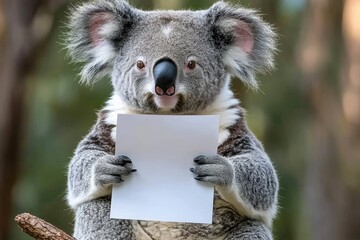 Obraz premium A charming koala holds a blank sheet of paper, showcasing a playful moment in the wild, perfect for nature-themed projects.
