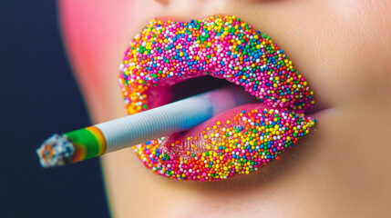 Woman smoking cigarette with lips covered in sprinkles