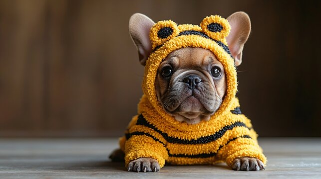 Adorable French Bulldog puppy in a bee costume, perfect for Halloween and Thanksgiving celebrations, with ample copy space for festive messages.