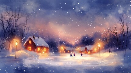 Naklejka premium A serene winter scene featuring a snow-covered log cabin with warm, glowing lights inside. In the foreground, children are seen ice skating on a frozen pond under softly falling snowflakes.