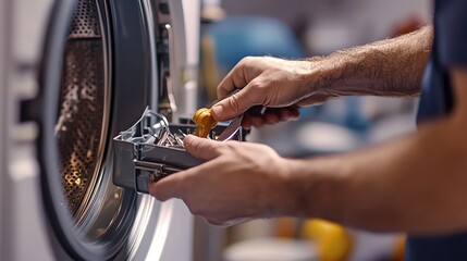 Naklejka premium A mechanic works on a washing machine.
