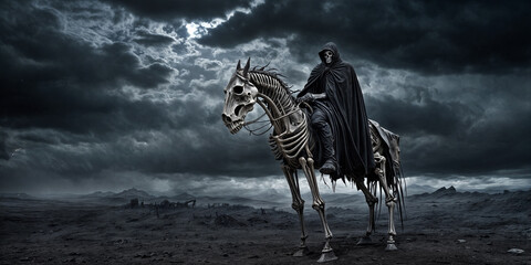 a grim reaper riding a skeletal horse through a desolate landscape under a stormy sky.