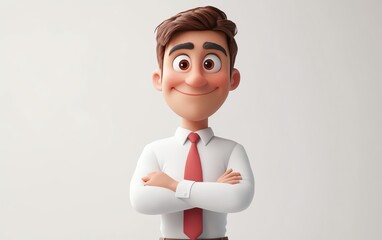 Smiling business office worker man, cartoon style, standing with a happy expression, 3D design, white background