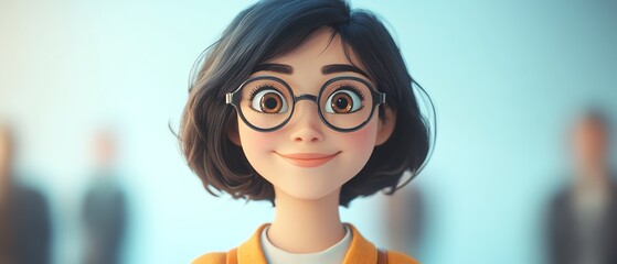 3D cartoon of a smiling young woman with short black hair and glasses, Asian character, light background, human feelings concept