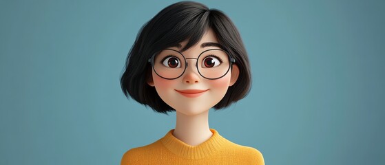 3D cartoon of a smiling young woman with short black hair and glasses, Asian character, light background, human feelings concept