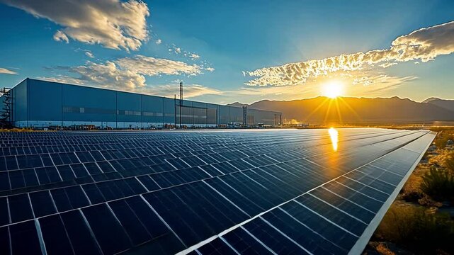 Solar panels at sunset near a manufacturing facility in a desert landscape
