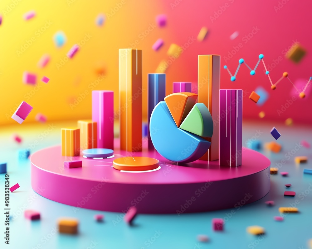 Poster 3D infographic with statistical data, pie charts, bar graphs, modern style, colorful design, clean and professional layout