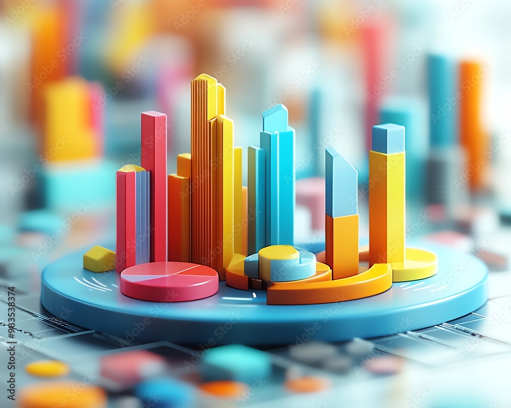 Poster 3D infographic with statistical data, pie charts, bar graphs, modern style, colorful design, clean and professional layout
