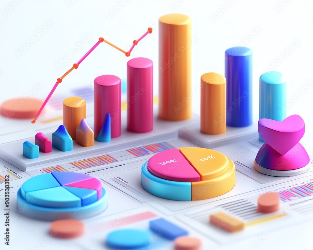 Poster 3D infographic with statistical data, pie charts, bar graphs, modern style, colorful design, clean and professional layout