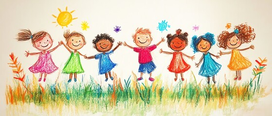 Childdrawn 2D cartoon of toddlers of all races playing together, simple shapes, stick figures, bright colors, joyful faces, childlike and inclusive scene