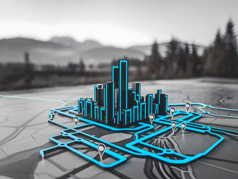 Mapa con una ciudad representada por l&iacute;neas azules tecnol&oacute;gicas modernas con alfileres en ubicaciones
