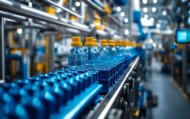 Obraz premium Highdetail piping system for plastic pallet manufacturing, resin injection process, blue and white colors, clean and professional factory setting