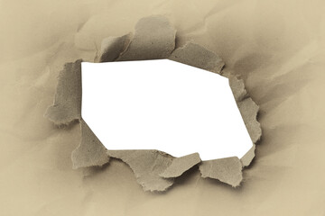Crumpled and torn brown paper with gaps to reveal the art paper inside with transparent image of PNG format extension.