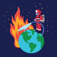 Naklejka premium Firefighter putting out the fire on the planet, illustration
