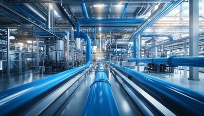 Obraz premium Realistic piping system for plastic pallet production in a resin injection factory, blue and white color scheme, clean and modern factory setting, highdetail commercial shot