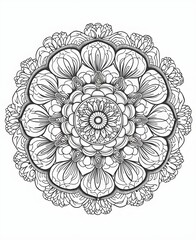 Intricate Mandala Marigold Line Art on White Background