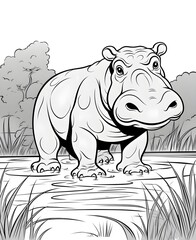 Adorable Hippopotamus Coloring Page for Kids in Nature
