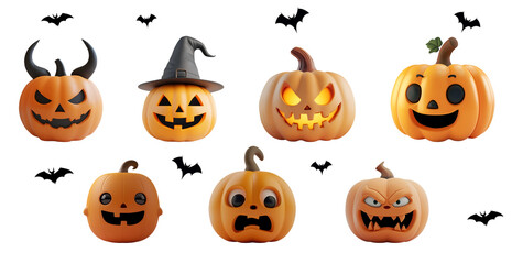 Fototapeta premium Halloween pumpkin set with jack-o’-lantern faces: angry, happy, funny in close-up, half-body, and full-body in 3D cartoon, Isolated on Transparent Background, PNG