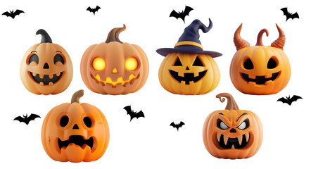 Collection of Halloween pumpkins with jack-o’-lantern faces: angry, happy, funny in close-up, half-body, and full-body in 3D cartoon, Isolated on Transparent Background, PNG