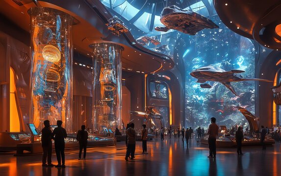 Large modern science museum space with Indian visitors engaging with futuristic holograms and kinetic art