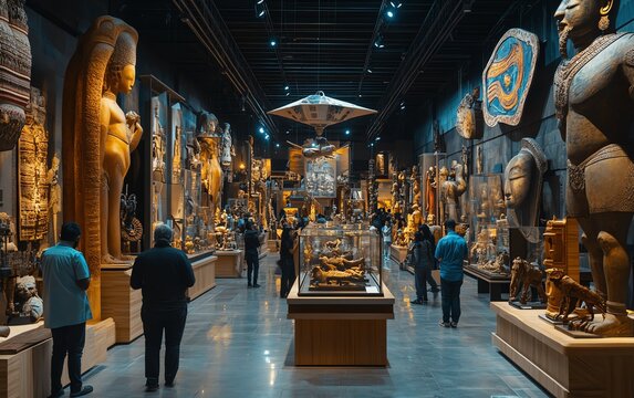 Large modern science museum space with Indian visitors engaging with futuristic holograms and kinetic art