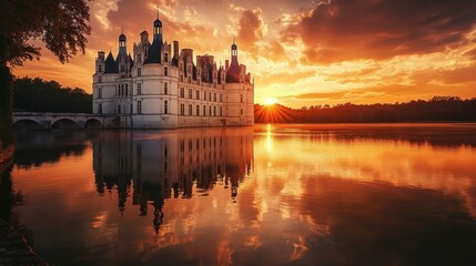 Fototapeta premium A beautiful chteau reflected in the waters of the Loire River at sunset.