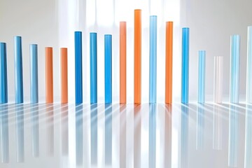Obraz premium A visually striking abstract representation of data growth with colorful bar graphs reflecting light against a smooth surface.